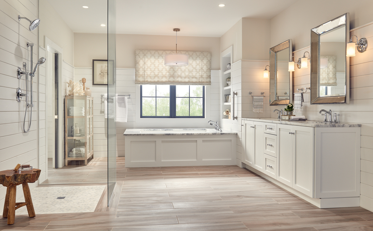 custom countertops in bathroom with walk-in shower