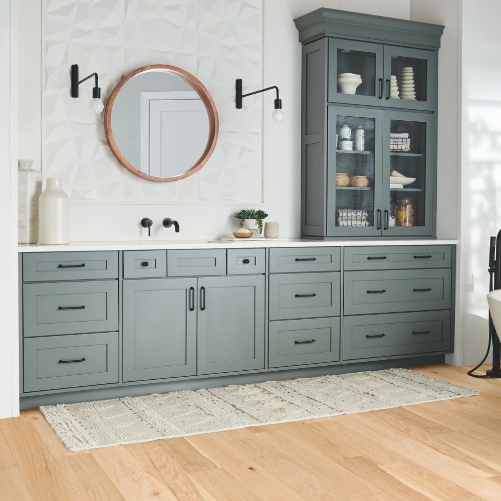 grey/blue bathroom vanity storage
