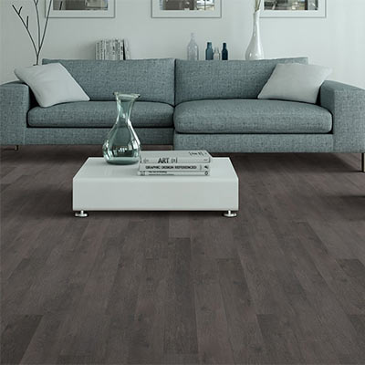 Dark waterproof flooring room scene with blue couch