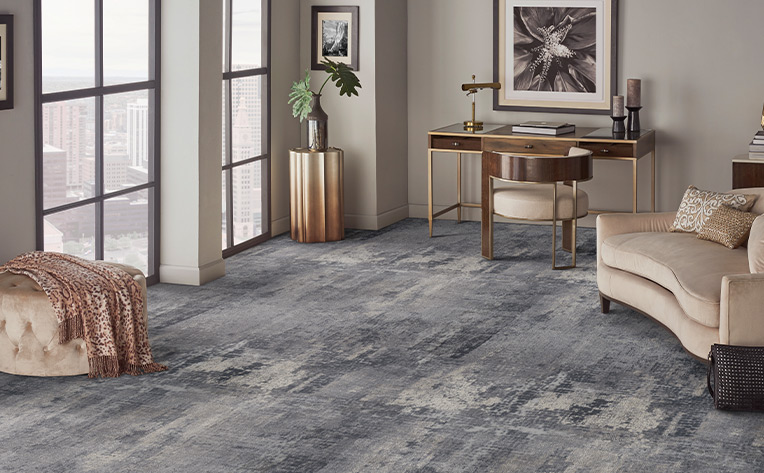 carpet living room with desk and grey furniture